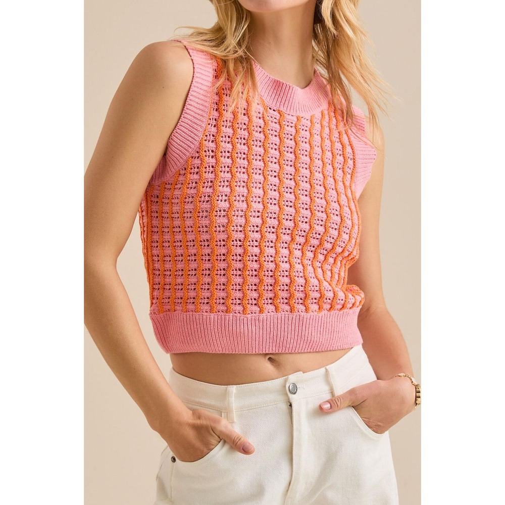 Retro Stripe Sweater Vest Women S Pink Open Weave Academia Twee Cottagecore Mod
